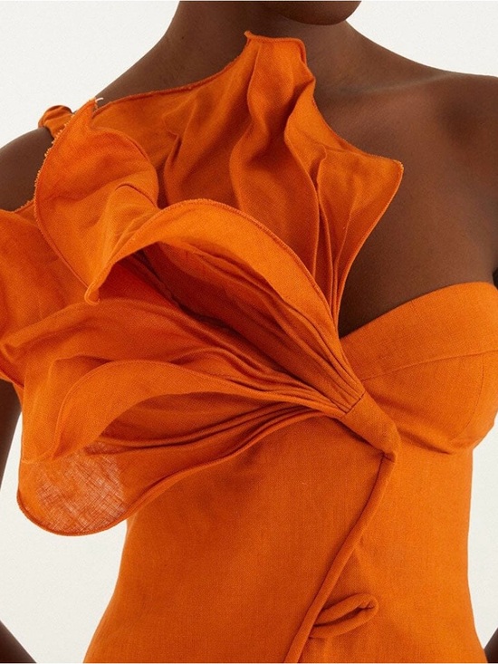 FARM Rio Dresses & Skirts - FARM Rio Sculptural Orange One-Shoulder Ruffle Mini Dress